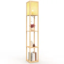 Lampada da terra naturale in legno chiaro con ripiani e paralume quadrato effetto canna da zucchero | IdMarket