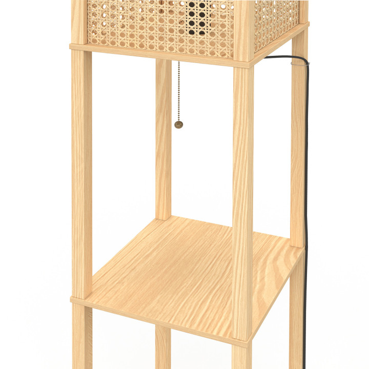 Lampada da terra naturale in legno chiaro con ripiani e paralume quadrato effetto canna da zucchero | IdMarket