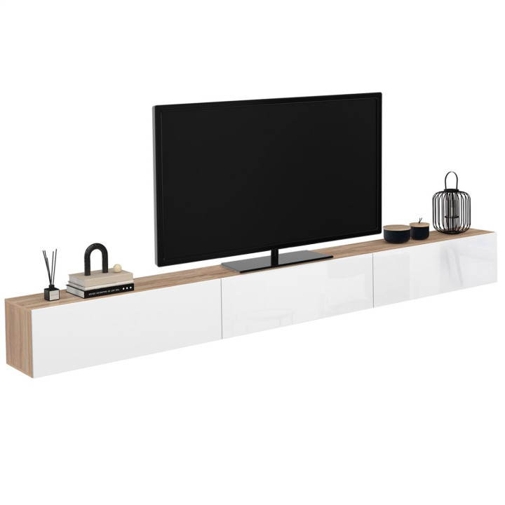 Mobile TV sospeso da 300 cm con 3 ante in legno e bianco - ELIO | IdMarket