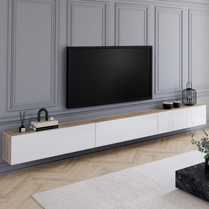 Mobile TV sospeso da 300 cm con 3 ante in legno e bianco - ELIO | IdMarket