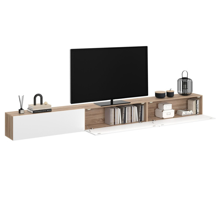 Mobile TV sospeso da 300 cm con 3 ante in legno e bianco - ELIO | IdMarket