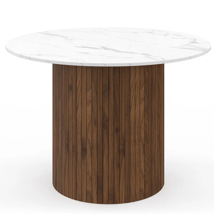 Tavolo da pranzo rotondo per 6 persone ALASKA con gamba centrale a doghe in noce e piano in marmo bianco da 110 cm - JULIETTE |
