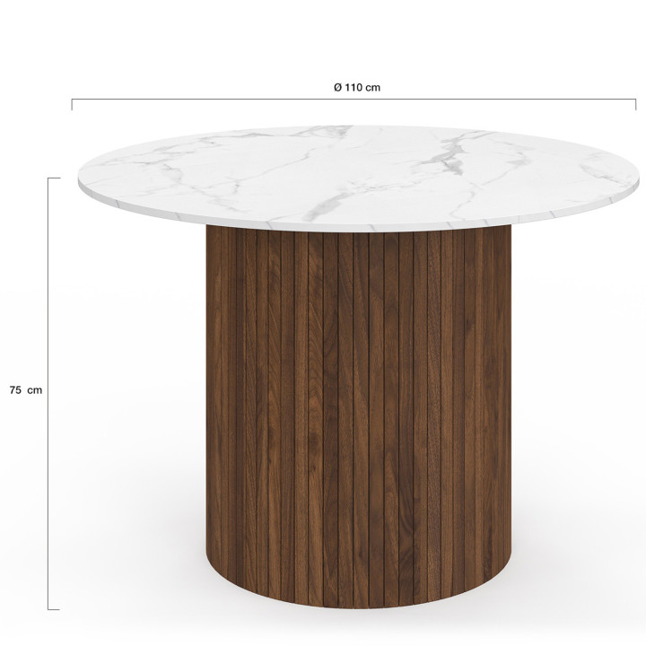 Tavolo da pranzo rotondo per 6 persone ALASKA con gamba centrale a doghe in noce e piano in marmo bianco da 110 cm - JULIETTE |
