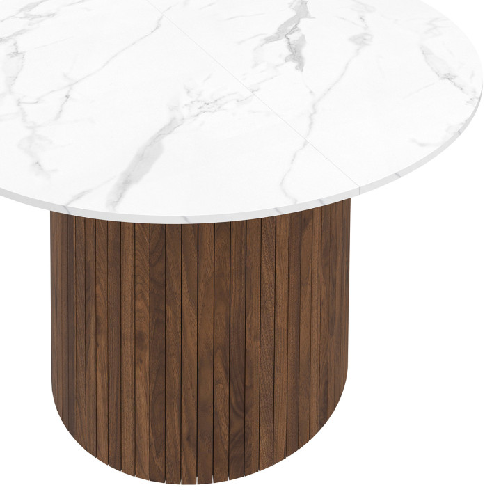 Tavolo da pranzo rotondo per 6 persone ALASKA con gamba centrale a doghe in noce e piano in marmo bianco da 110 cm - JULIETTE |