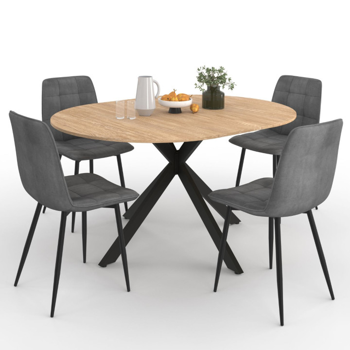 Set di tavolo da pranzo rotondo allungabile 110 - 150 cm e 4 sedie in velluto grigio scuro - ALIX | IdMarket
