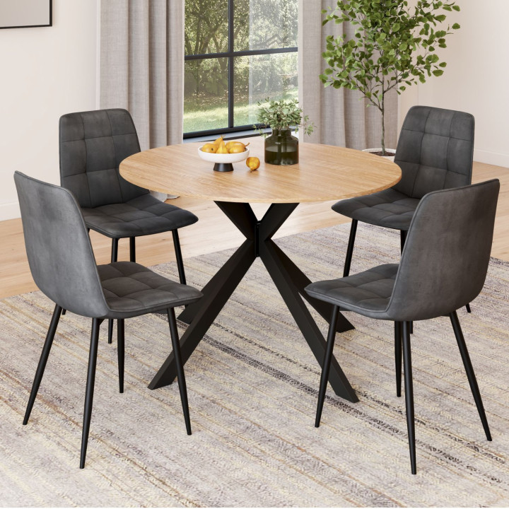 Set di tavolo da pranzo rotondo allungabile 110 - 150 cm e 4 sedie in velluto grigio scuro - ALIX | IdMarket