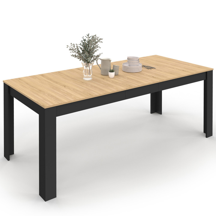 ROZY Tavolo da pranzo rettangolare allungabile per 6-10 persone, nero, piano effetto faggio 160-200 cm | IdMarket