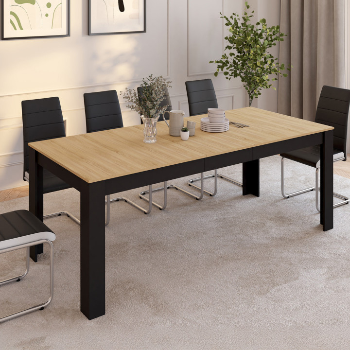 ROZY Tavolo da pranzo rettangolare allungabile per 6-10 persone, nero, piano effetto faggio 160-200 cm | IdMarket