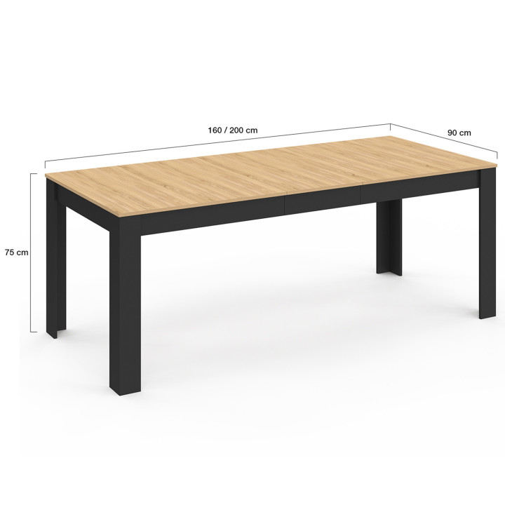 ROZY Tavolo da pranzo rettangolare allungabile per 6-10 persone, nero, piano effetto faggio 160-200 cm | IdMarket