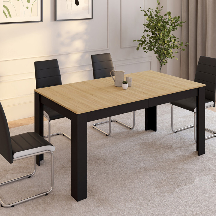 ROZY Tavolo da pranzo rettangolare allungabile per 6-10 persone, nero, piano effetto faggio 160-200 cm | IdMarket