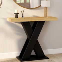 Console con piano in legno e base a X nera - ALICIA | IdMarket