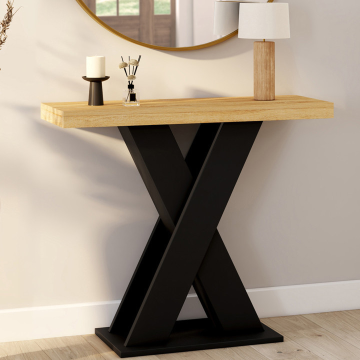 Console con piano in legno e base a X nera - ALICIA | IdMarket
