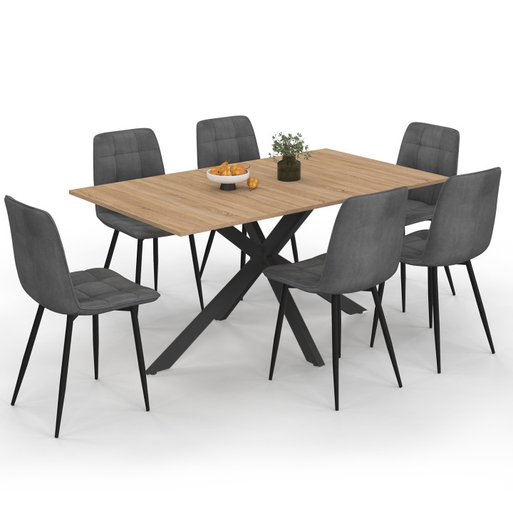 Set tavolo da pranzo rettangolare 160 cm in legno e nero e 6 sedie in velluto grigio scuro - ALIX | IdMarket