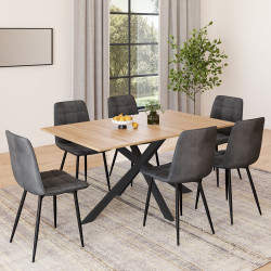Set tavolo da pranzo rettangolare 160 cm in legno e nero e 6 sedie in velluto grigio scuro - ALIX | IdMarket