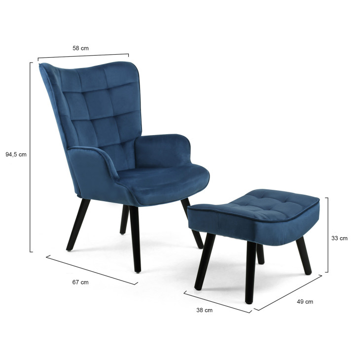 Poltrona scandinava in velluto blu con poggiapiedi - ANIA | ID Market