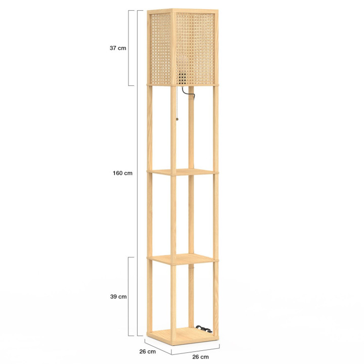 Lampada da terra naturale in legno chiaro con ripiani e paralume quadrato effetto canna da zucchero | IdMarket
