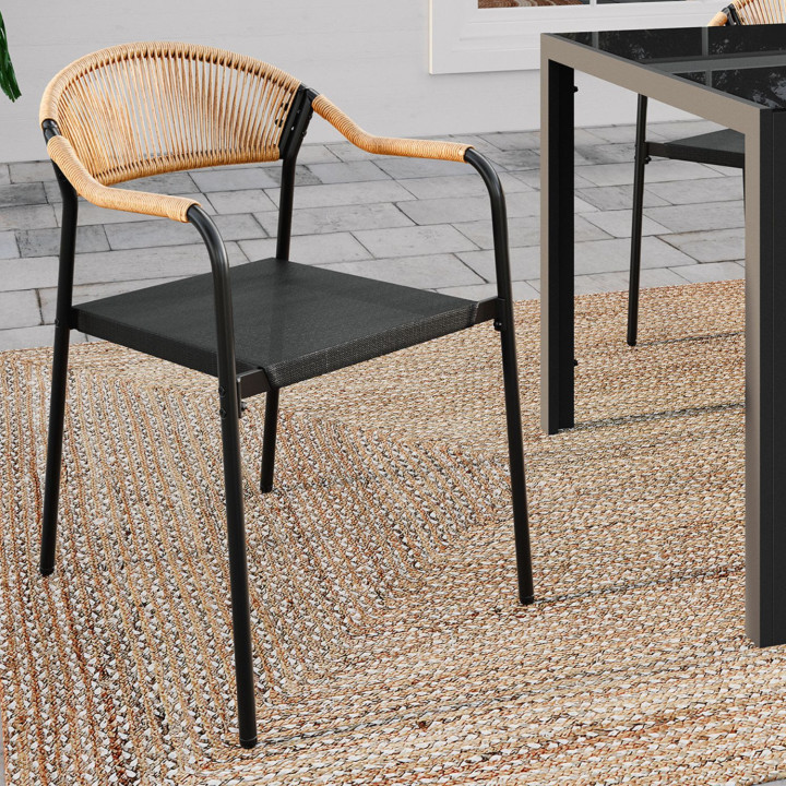 Set di 6 sedie da giardino in metallo, corda e textilene nero e rattan chiaro - MADEIRA | IdMarket