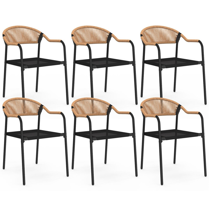 Set di 6 sedie da giardino in metallo, corda e textilene nero e rattan chiaro - MADEIRA | IdMarket