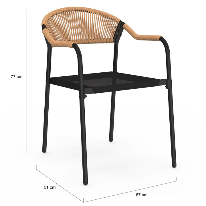 Set di 6 sedie da giardino in metallo, corda e textilene nero e rattan chiaro - MADEIRA | IdMarket
