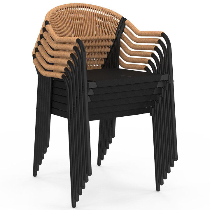 Set di 6 sedie da giardino in metallo, corda e textilene nero e rattan chiaro - MADEIRA | IdMarket