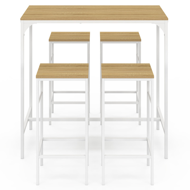 Set di tavolo da bar alto 100 cm e 4 sedie da bar in metallo bianco e legno dal design industriale - DETROIT | ID Market