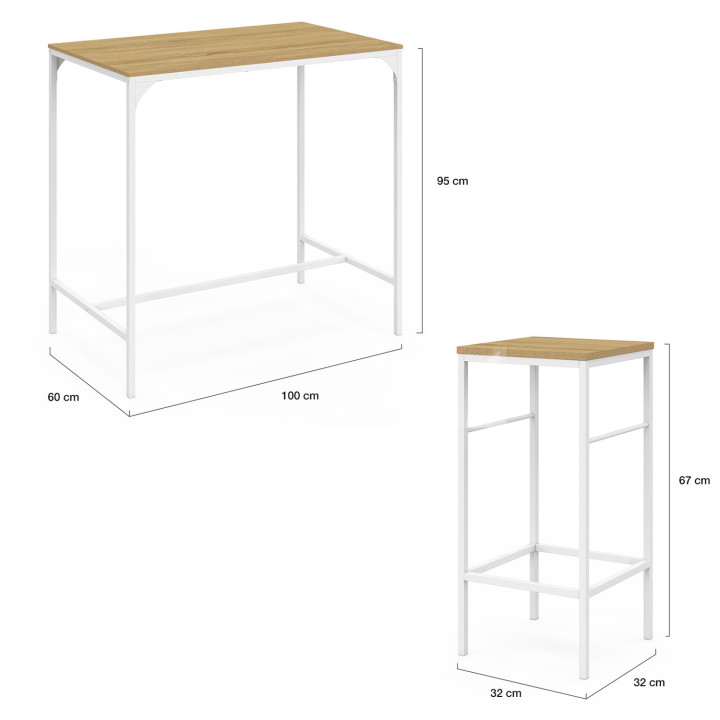 Set di tavolo da bar alto 100 cm e 4 sedie da bar in metallo bianco e legno dal design industriale - DETROIT | ID Market