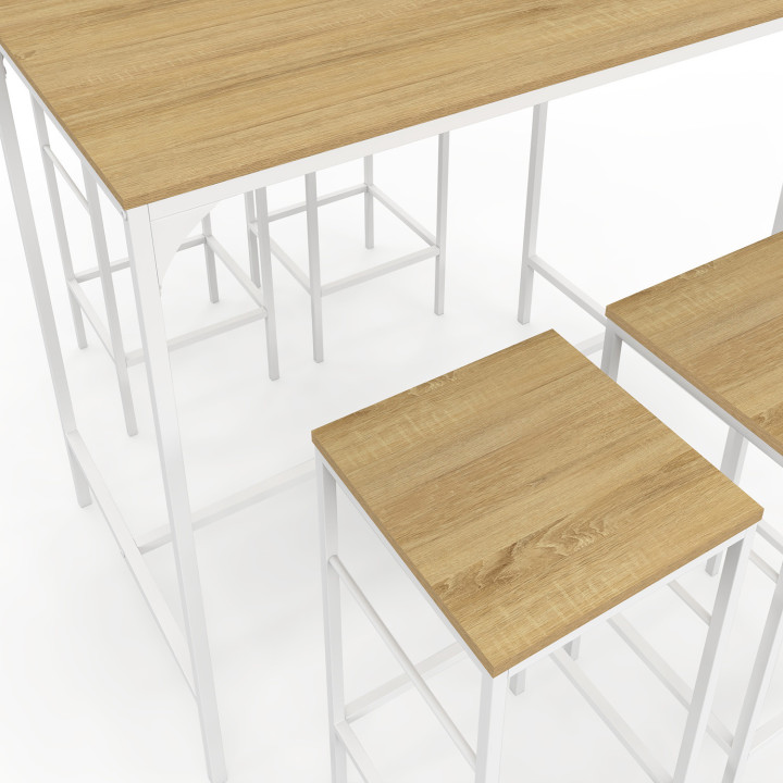 Set di tavolo da bar alto 100 cm e 4 sedie da bar in metallo bianco e legno dal design industriale - DETROIT | ID Market