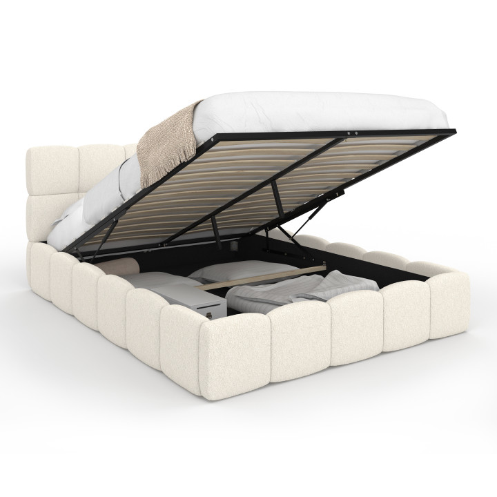 Letto matrimoniale a cassettone con testata trapuntata e rete a doghe 140 x 190 cm - NUAGE | IdMarket