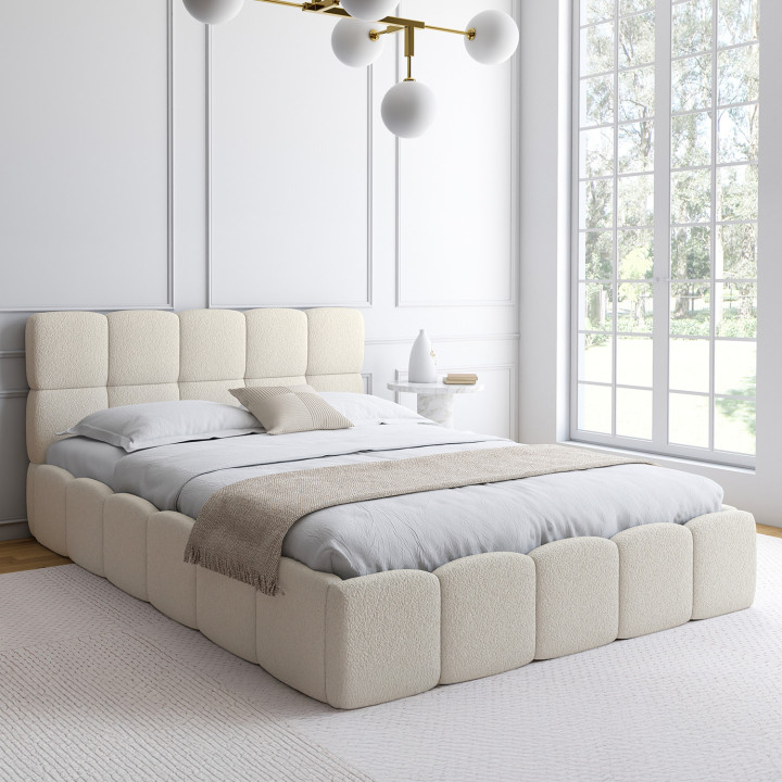 Letto matrimoniale a cassettone con testata trapuntata e rete a doghe 140 x 190 cm - NUAGE | IdMarket