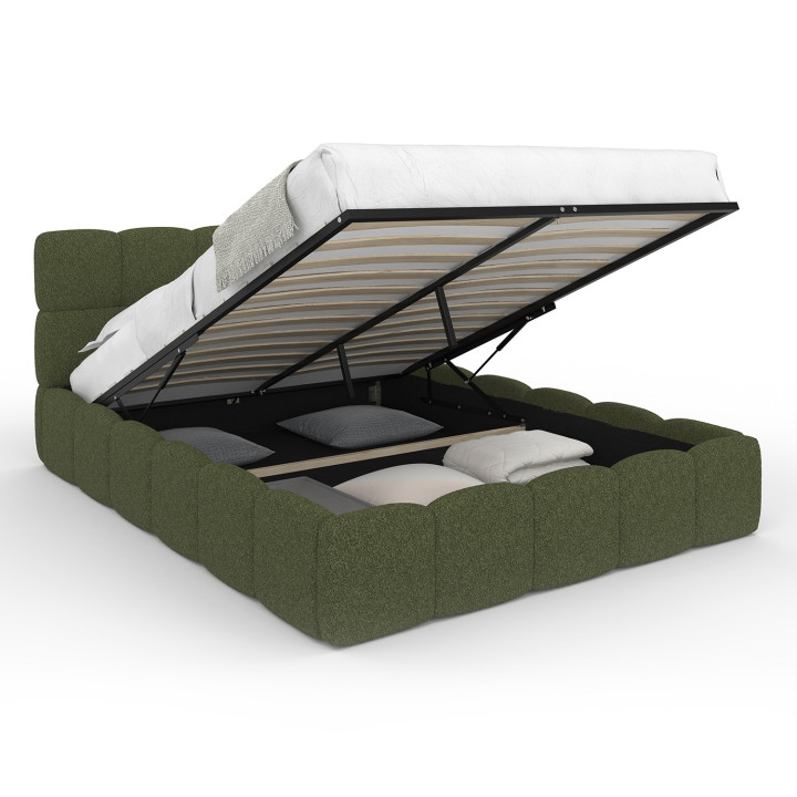 Letto matrimoniale con testiera trapuntata e base in spugna verde kaki 140 x 190 cm - NUAGE | IdMarket