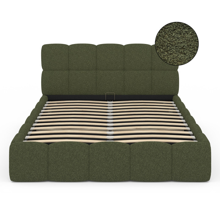 Letto matrimoniale con testiera trapuntata e base in spugna verde kaki 140 x 190 cm - NUAGE | IdMarket
