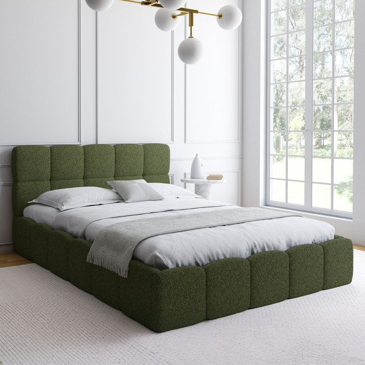 Letto matrimoniale con testiera trapuntata e base in spugna verde kaki 140 x 190 cm - NUAGE | IdMarket