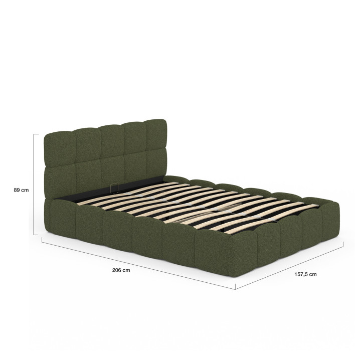 Letto matrimoniale con testiera trapuntata e base in spugna verde kaki 140 x 190 cm - NUAGE | IdMarket