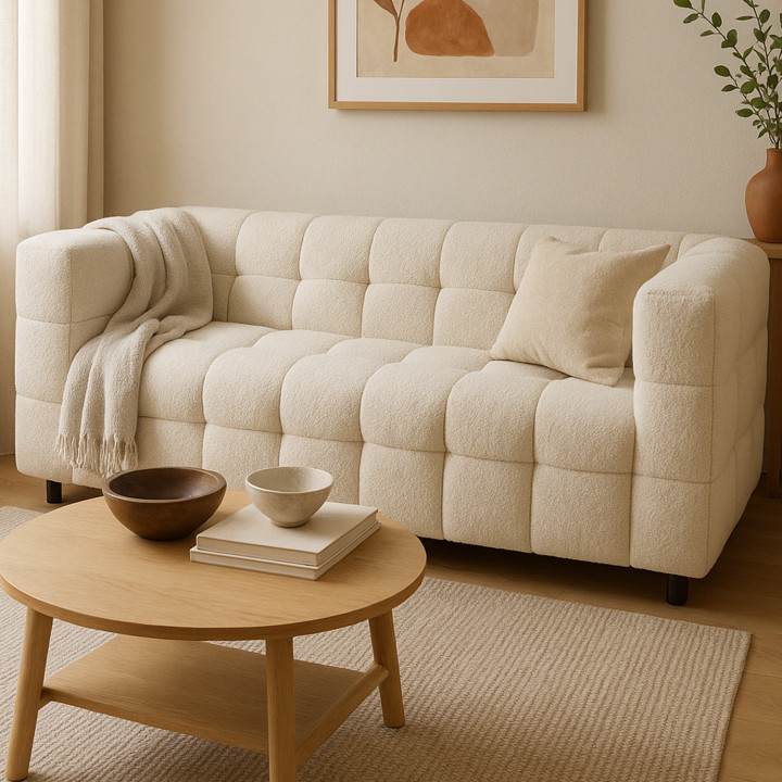 Divano imbottito 2 posti diritto in tessuto bouclette beige - AMANCE |IDMarket