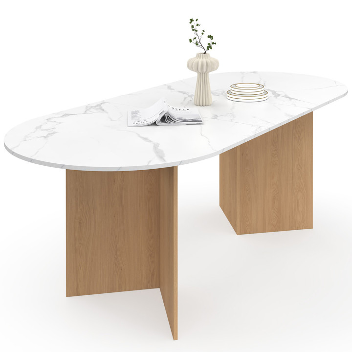 Tavolo da pranzo allungabile 6 -10 persone piano ovale in marmo bianco e finitura in faggio 160-200 cm - MARTHE | IdMarket