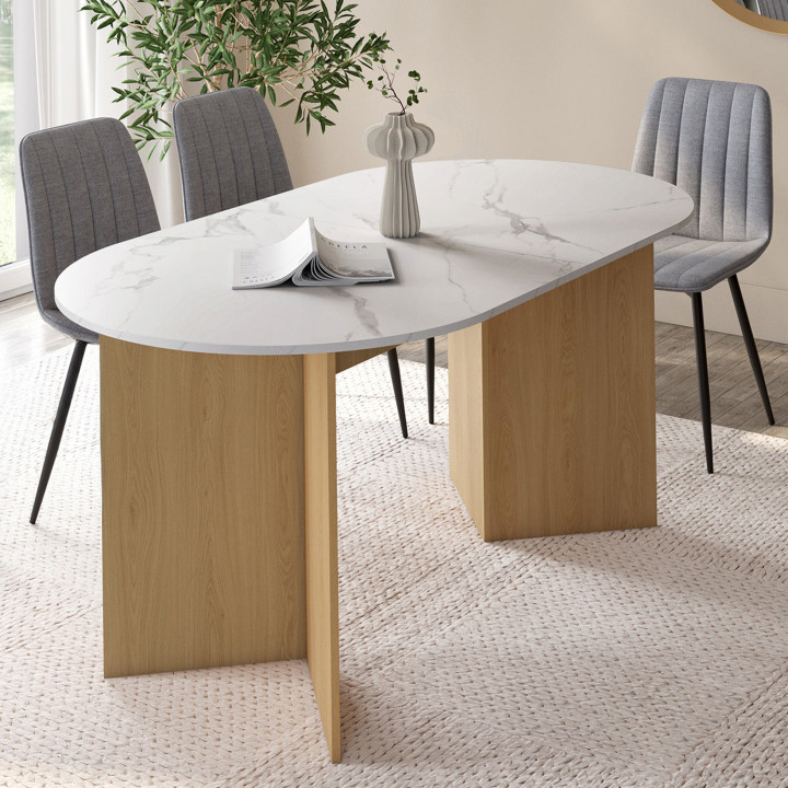 Tavolo da pranzo allungabile 6 -10 persone piano ovale in marmo bianco e finitura in faggio 160-200 cm - MARTHE | IdMarket