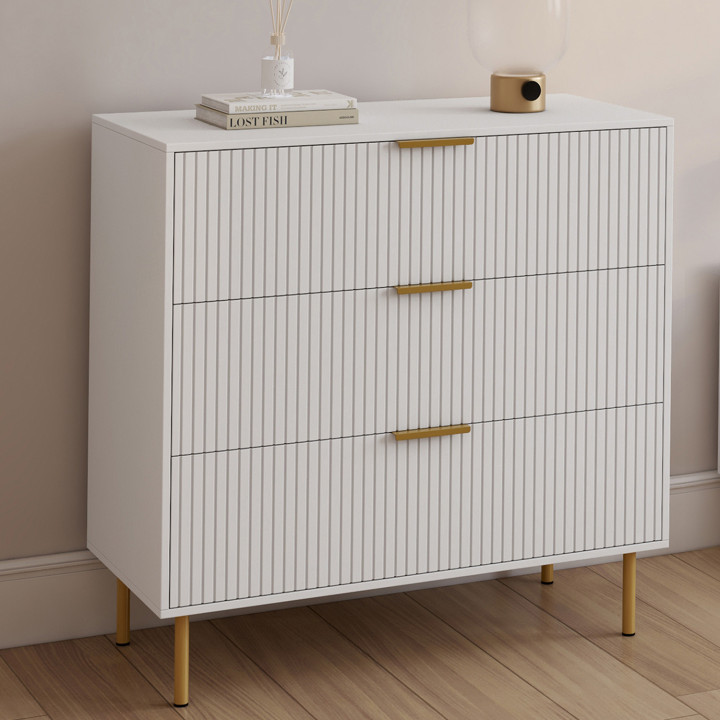 Cassettiera MARCEL a 3 cassetti, 80 cm, doghe bianche e oro - MARCEL | IdMarket