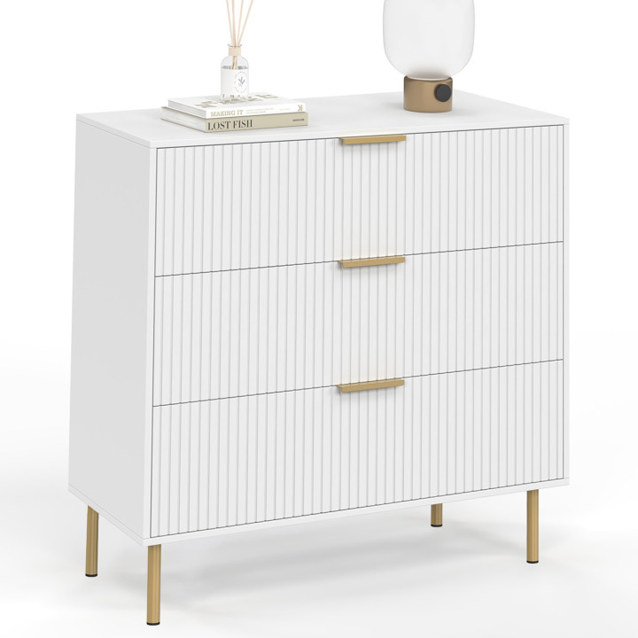 Cassettiera MARCEL a 3 cassetti, 80 cm, doghe bianche e oro - MARCEL | IdMarket