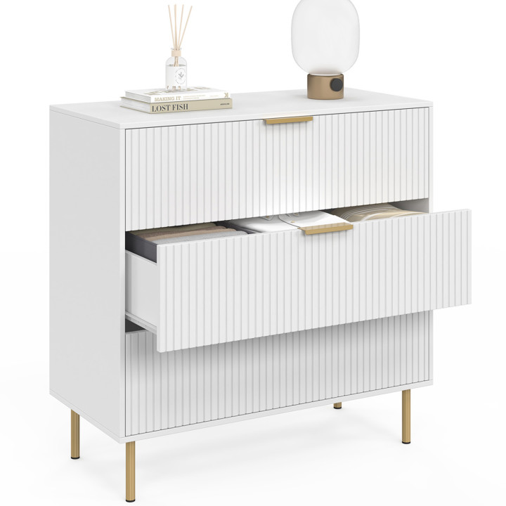 Cassettiera MARCEL a 3 cassetti, 80 cm, doghe bianche e oro - MARCEL | IdMarket