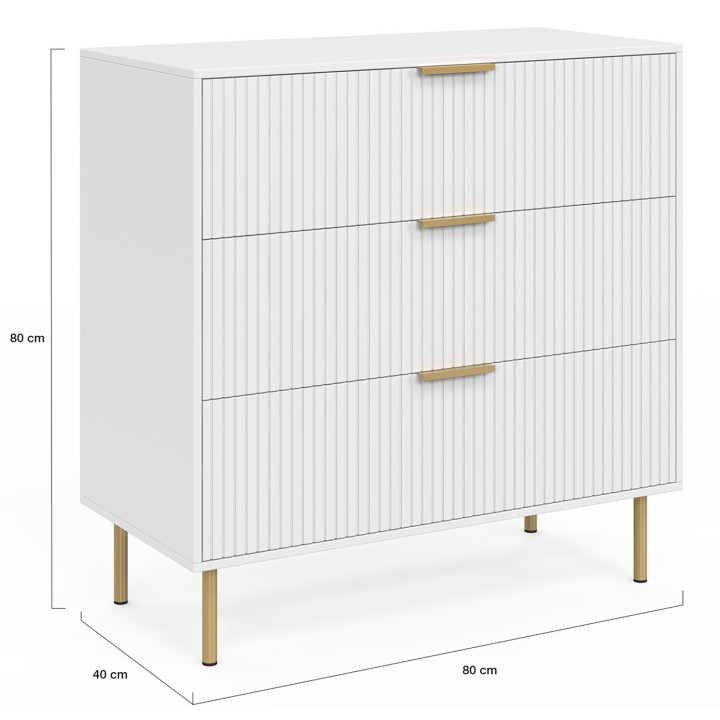 Cassettiera MARCEL a 3 cassetti, 80 cm, doghe bianche e oro - MARCEL | IdMarket