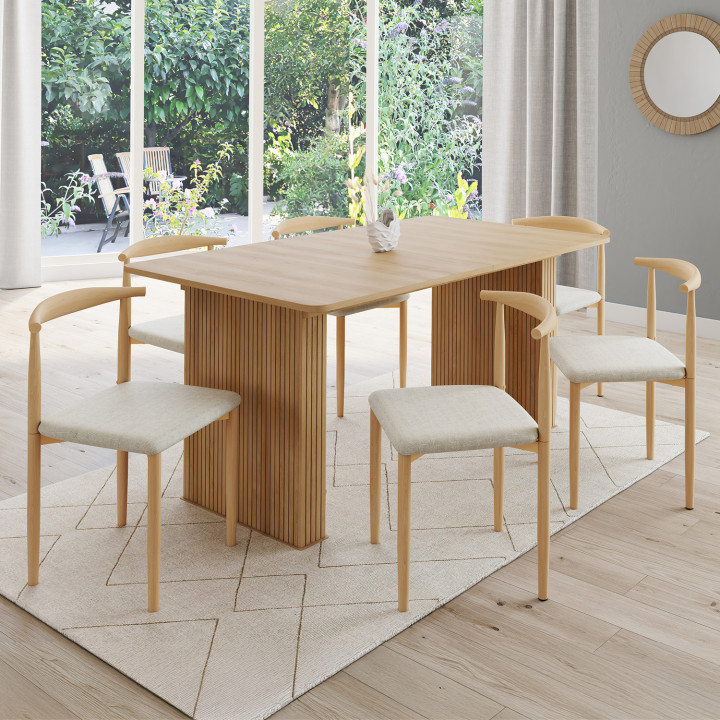 Set di 6 sedie in finto legno con seduta in tessuto beige per la sala da pranzo - NOE | IdMarket