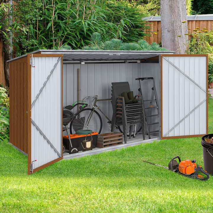 Casetta da giardino in metallo effetto legno con serratura e multi-sgabuzzino per biciclette, attrezzi e bidoni | IdMarket