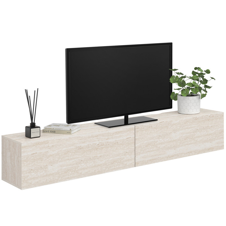 Mobile TV sospeso da 180 cm con 2 ante in legno effetto travertino - ELIO | IdMarket