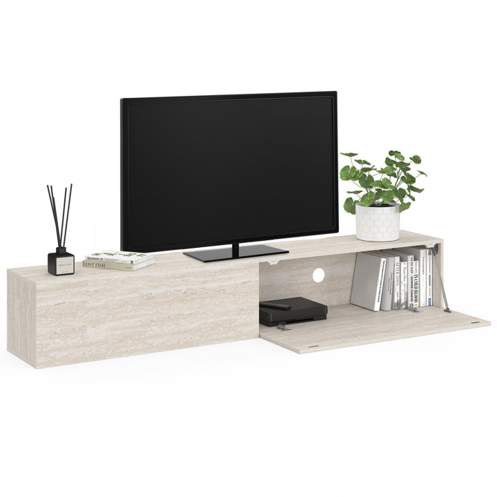 Mobile TV sospeso da 180 cm con 2 ante in legno effetto travertino - ELIO | IdMarket