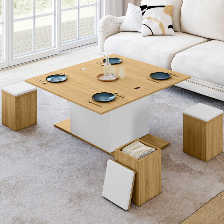 Tavolino rettangolare alzabile trasformabile in tavolo da pranzo da 100 cm in legno e bianco con poggiapiedi - EDEN | IdMarket