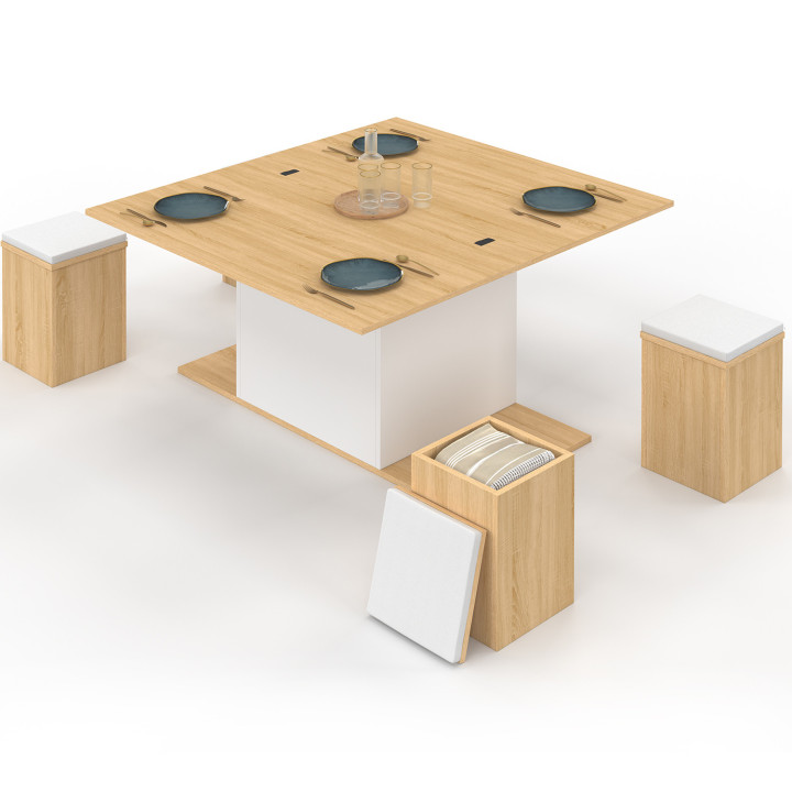 Tavolino rettangolare alzabile trasformabile in tavolo da pranzo da 100 cm in legno e bianco con poggiapiedi - EDEN | IdMarket