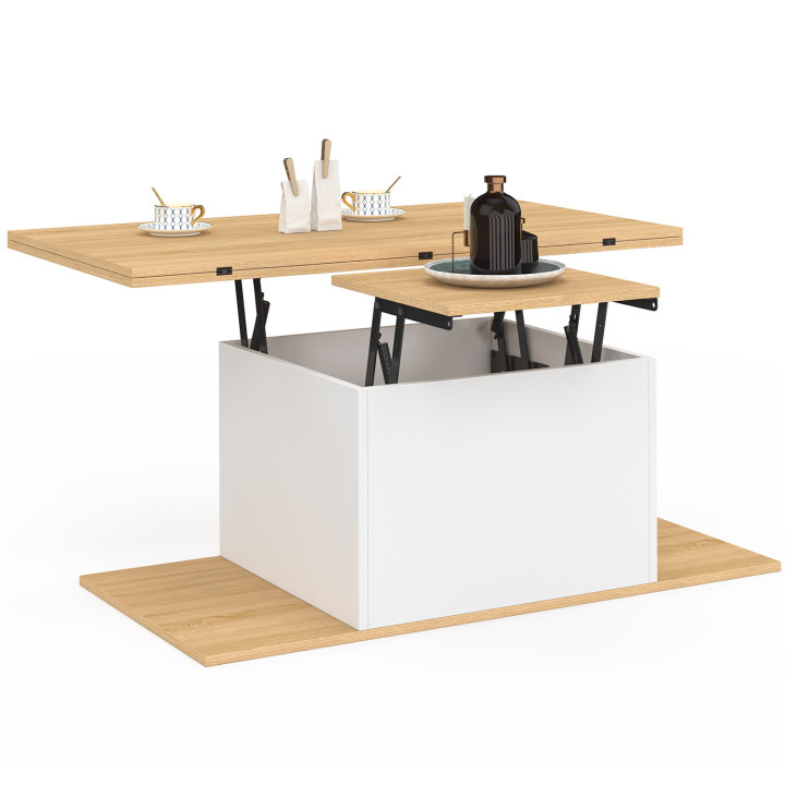 Tavolino rettangolare alzabile trasformabile in tavolo da pranzo da 100 cm in legno e bianco con poggiapiedi - EDEN | IdMarket
