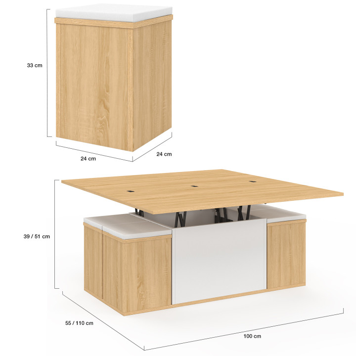Tavolino rettangolare alzabile trasformabile in tavolo da pranzo da 100 cm in legno e bianco con poggiapiedi - EDEN | IdMarket