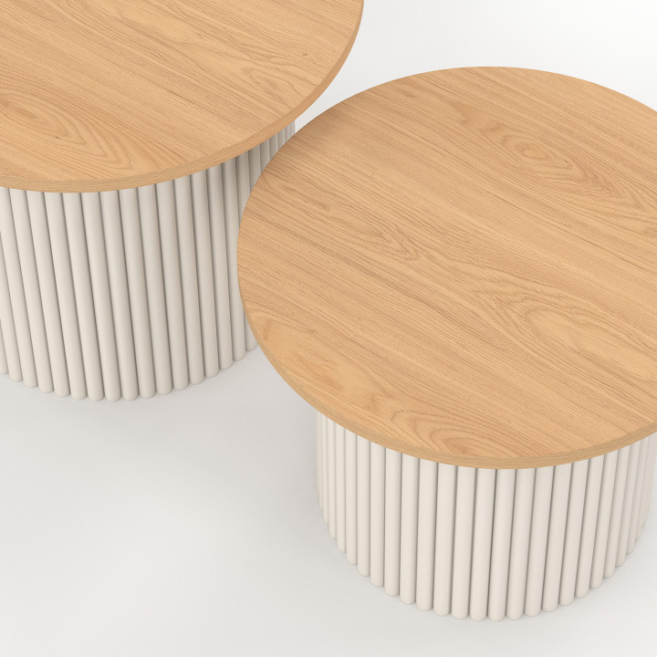 Set di 2 tavolini tondi 40/45 con effetto scanalato beige e piano in legno - KANEL | IdMarket