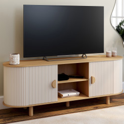 Porta TV 140 cm a 2 ante effetto scanalato beige e legno - KANEL | IdMarket